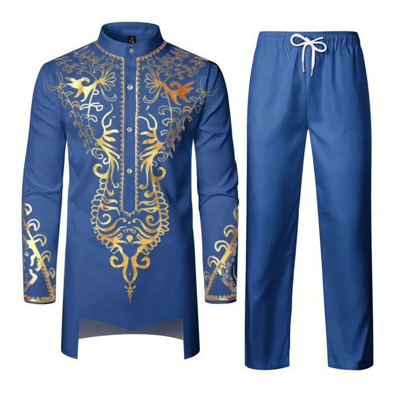 Muslim Robe Pattern Printing Black White Yellow Navy Blue Long-Sleeved Trousers The Traditional Dress of Arab Men 3D