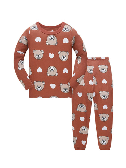 1-8 Years Kids Cotton Pajamas Set, Boys Girls Long Sleeve Home Wear, Cute Bear Print Sleepwear for Toddlers