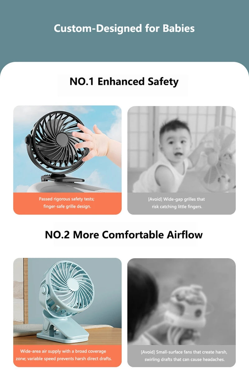 Mini Clip Fan 720°Rotation Built-in Night Lamp USB Rechargeable Powerful Airflow Portable Cooling Fan For Travel Camping Outdoor