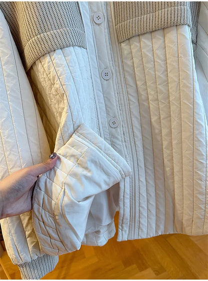 Women Autumn Advanced Design Sense, Niche Loose Casual Knit Stitching, Striped Cotton Coat Winter Light Thin Small Cotton Jacket