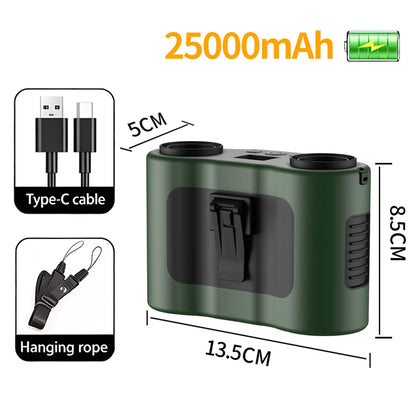 25000mAh Outdoor Waist Clip Fan Handheld Hanging Neck Fan 5-Speed Strong Wind Dual Air Vents USB Rechargeable Power Bank