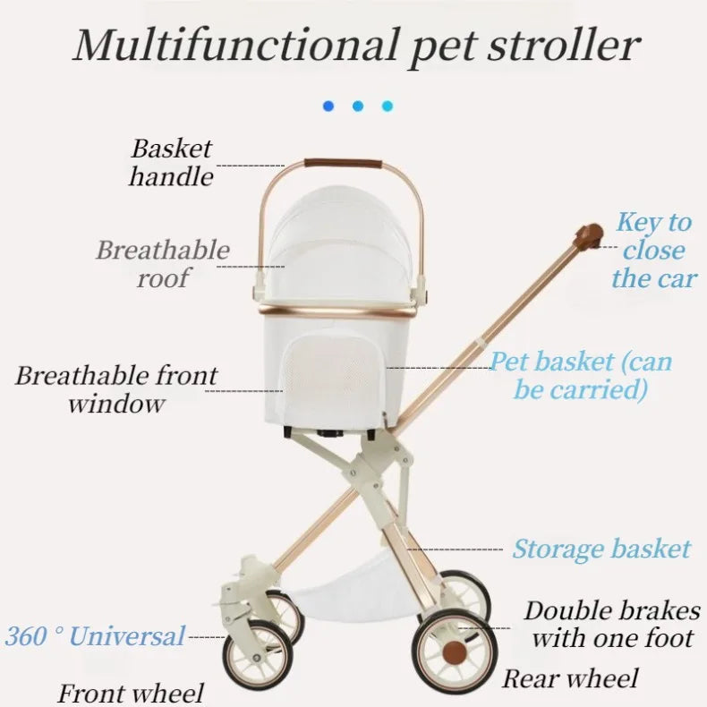 Foldable Dog Stroller Milk White PU Waterproof High Landscape Pet Stroller Outdoor Travel Pet Trolley Bearing Weight 15 KG