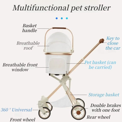 Foldable Dog Stroller Milk White PU Waterproof High Landscape Pet Stroller Outdoor Travel Pet Trolley Bearing Weight 15 KG