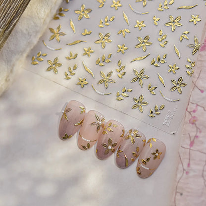 Gold Leaf White Flower Bouquet Floral Petal Tulip Bloom Charming Retro Metal Self Adhesive 5D Nail Art Sticker Manicure Decals