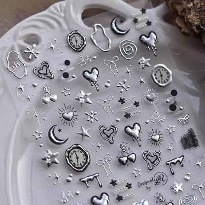 1Pcs 5D Metal Y2K Liquid Love Star Moon Nail Art Sticker Punk Style Silver Clock Heartbeat Heart Slider Romantic Manicure Decals