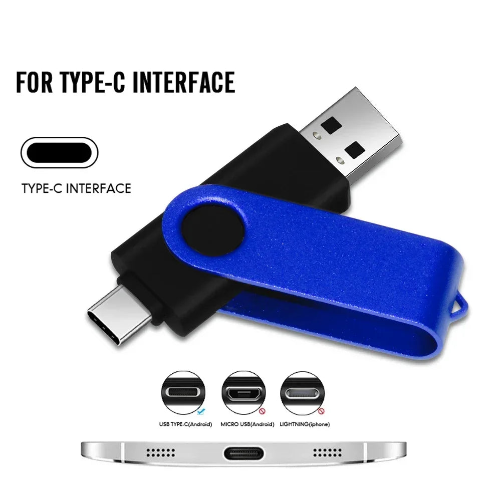 Rotable Usb Flash Drive 128GB 32GB 16GB Pen Drive 256GB Pendrive 64GB 4G OTG 2 IN 1 Memoria Usb Stick Type C Usb 2.0