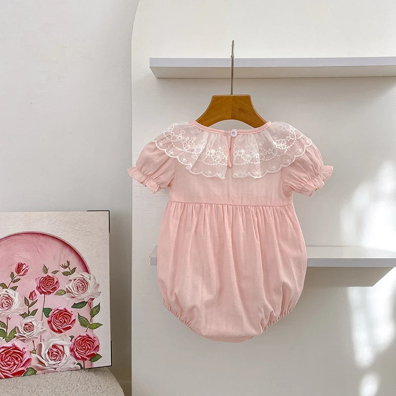 2026 New Newborn Baby Girl Bodysuits 0-24M Baby Girl Romper Summer Short Sleeved Cotton Lace Collar Baby Girl Jumpsuit