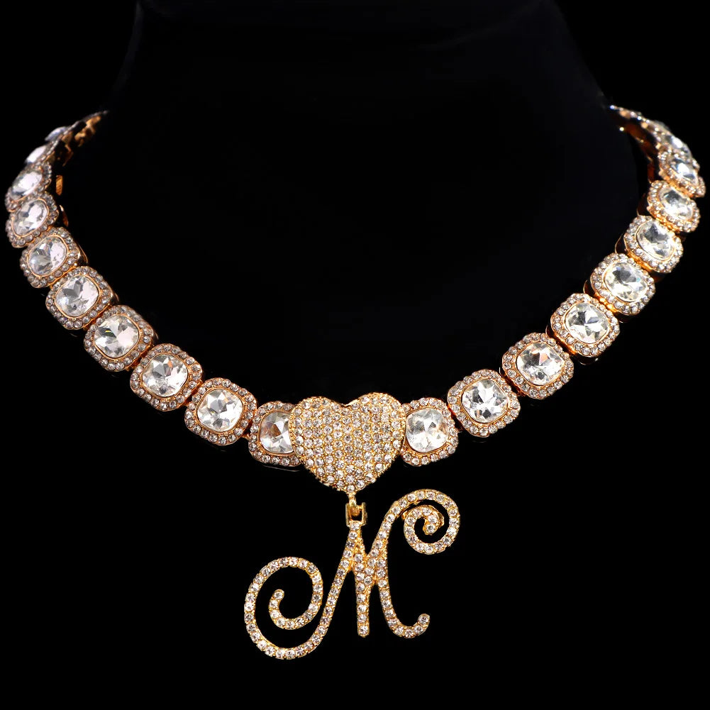 Hip Hop Bling Crystal Cursive Letter Initial Pendant Necklace Women Iced Out Cuban Choker Square Tennis Chain Necklace Jewelry