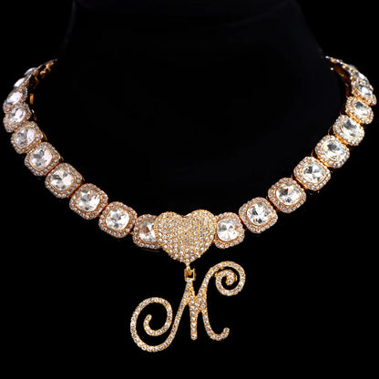 Hip Hop Bling Crystal Cursive Letter Initial Pendant Necklace Women Iced Out Cuban Choker Square Tennis Chain Necklace Jewelry