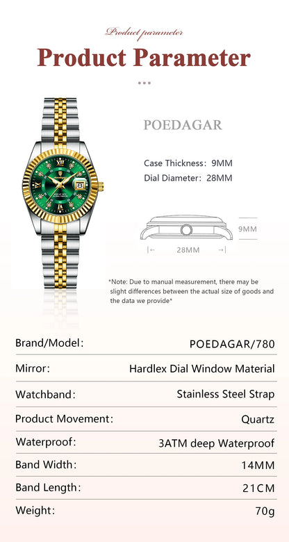 POEDAGAR Elegant Women's Watch Waterproof Luminous Date Fashion Ladies Wristwatch Stainless Steel Quartz Watches For Women Reloj