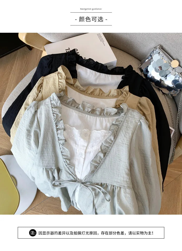 Korean Casual Sweet Fungus Lace Collar Women's Shirt Top Autumn New Women Fashion Fake Two-Piece Lace Up Long Sleeved Shirt