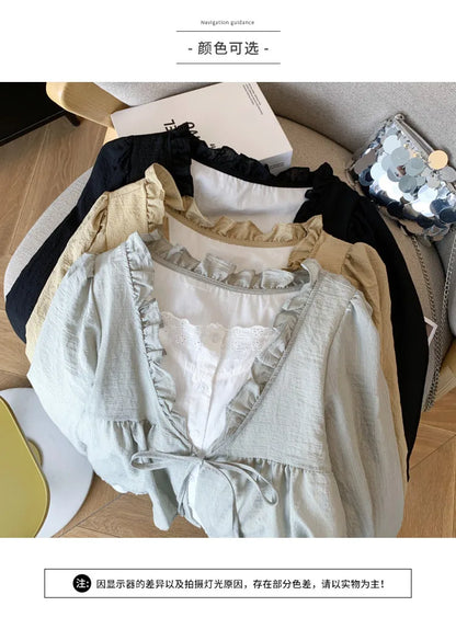 Korean Casual Sweet Fungus Lace Collar Women's Shirt Top Autumn New Women Fashion Fake Two-Piece Lace Up Long Sleeved Shirt