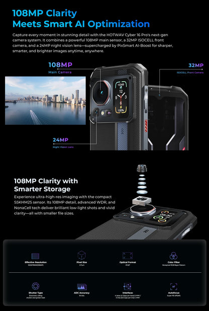 HOTWAV Cyber 16 Pro Rugged Smartphone G100 Octa-core Android 15 Mobile Phone 108MP 6.6'' FHD+ 2K 8GB 512GB 6280mAh Cellphone
