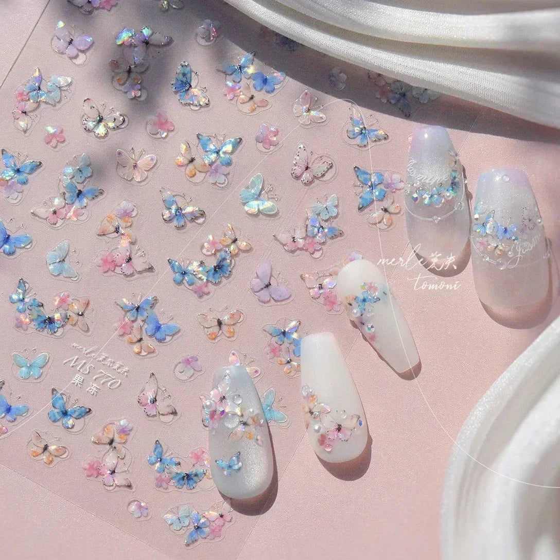 Shiny Jelly Butterfly Charming Golden Gradient Bowknot 5D Self Adhesive Nail Art Sticker Flower Petal Rhinestone Manicure Decals