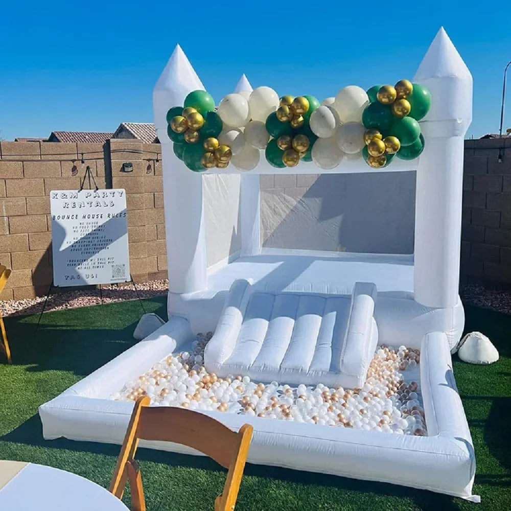 4m Inflatable Bounce House White Jumping Castle With Ball Pool Slide Birthday Party Decoration Gift Bouncy Castle