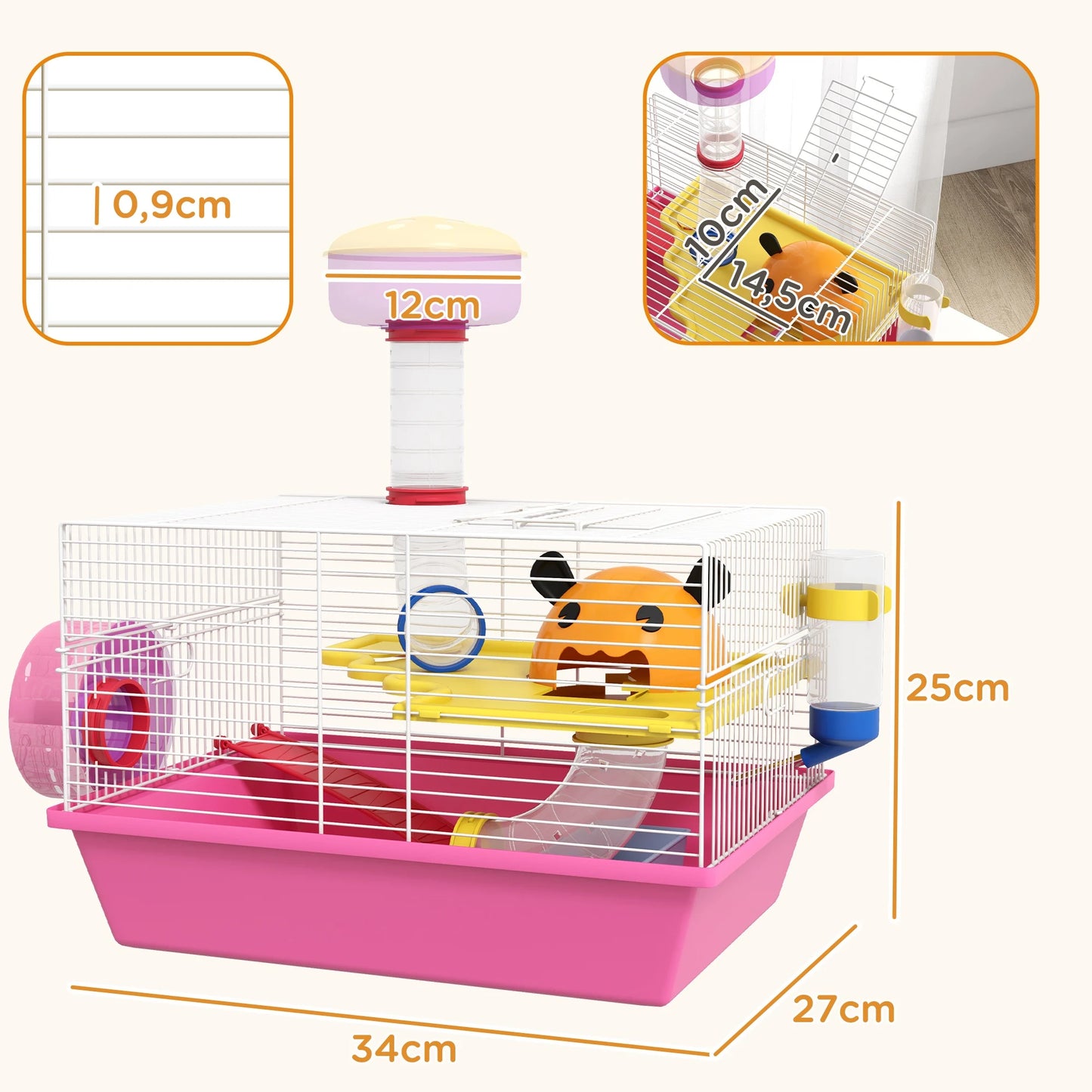 Multi-colored rodent Cage with platform, bottle of water, wheels, House, 34x27x25 cm, pink, rat cage, hamster cage, animals cage, hamster cage