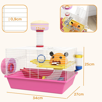 Multi-colored rodent Cage with platform, bottle of water, wheels, House, 34x27x25 cm, pink, rat cage, hamster cage, animals cage, hamster cage