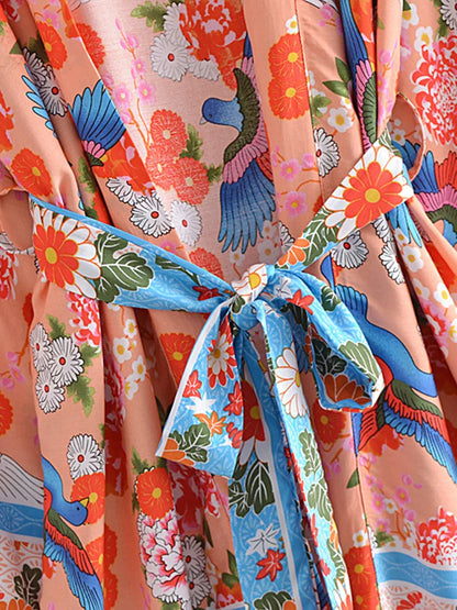 Boho Queens Vintage Peacock Floral Print Sashes Beach Kimono Women Bohemian Wrap Batwing Sleeves Holiday Bikini Cover-ups