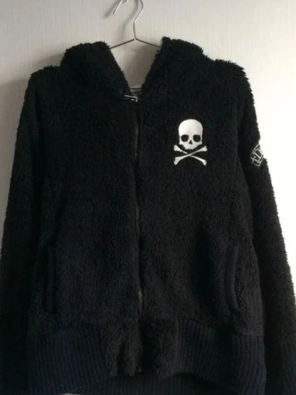 2025 Winter Y2k Lamb Wool Jackets Gothic Hoodies Women Vintage Casual Long Sleeve Hooded Coat Harajuku Skull Zipper Sweatshirts