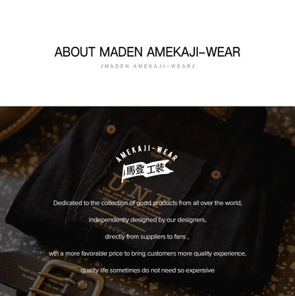 Maden Men's Vintage 12.8oz Black Washed Denim Jeans Mid Rise Straight Classic Casual Zip Fly Pants for Autumn Versatile Trousers