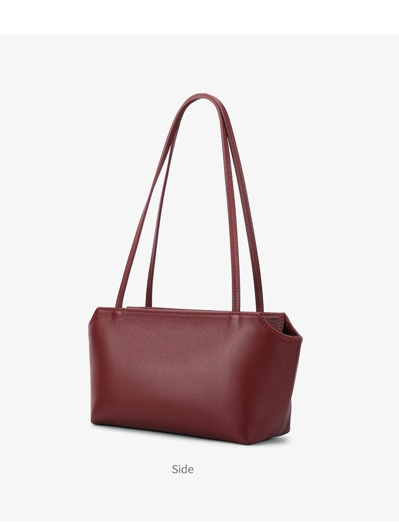 Luxury Women's Genuine Cowhide Leather Mini Shoulder Tote Bag Pebbled Leather Long Strap Underarm Handbag Minimalist Daily Purse