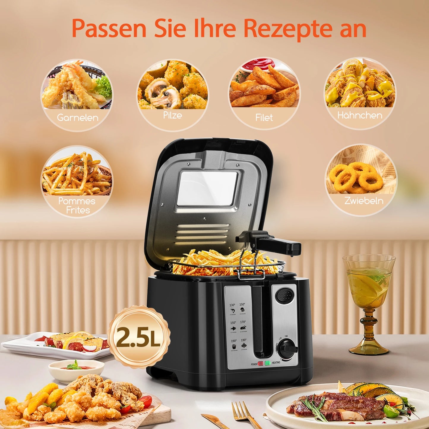 Aigostar gruzdintuvė, 2,5 l talpos, 1650 W, be BPA, su permatomu langu, temperatūros reguliavimu ir ekranu, juoda