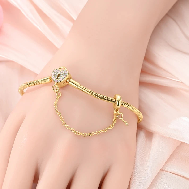 Original Bracelet 925 Sterling Silver Charm Bracelet 17-20CM Golden Heart Love Key Clover Bracelet Bangle Women Jewelry Gift