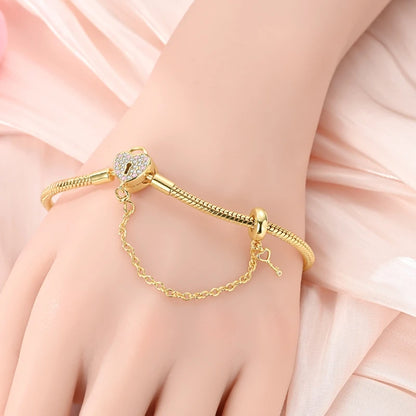 Original Bracelet 925 Sterling Silver Charm Bracelet 17-20CM Golden Heart Love Key Clover Bracelet Bangle Women Jewelry Gift