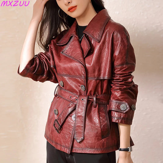 Roupas Femininas Autumn Women Suit Collar Lace-up Waist Oil Wax Sheepskin Gabardina Mujer Vintage Red Short Leather Trench Coat