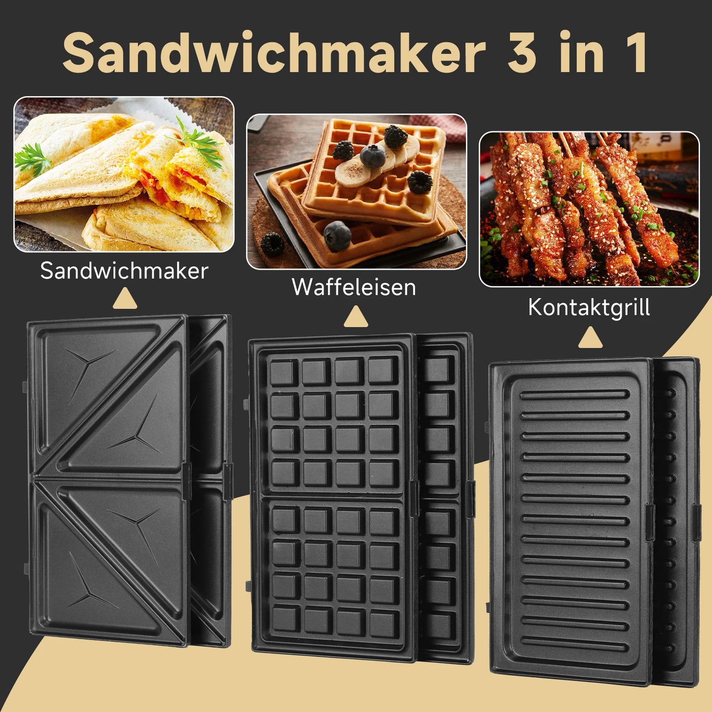 Aigostar 750W Sandwich Maker/Grill/Waffle 3 in 1. Compact Size with Automatic Thermostatic System, Non-Stick and Removable Plate