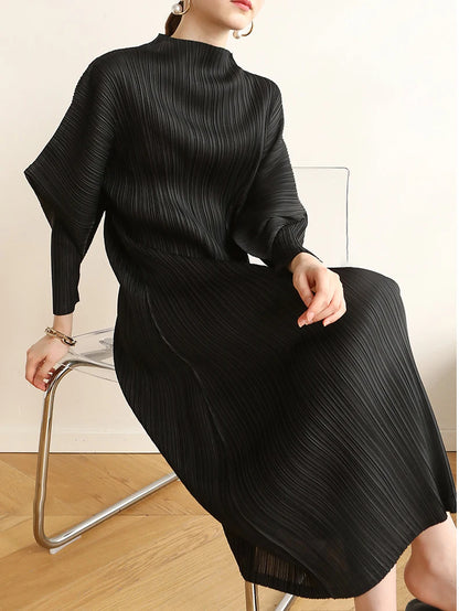 Miyake Pleats Batwing Sleeve Pleated Long Dress Korean High Fashion Causal Elegant Women Designer Clothing
