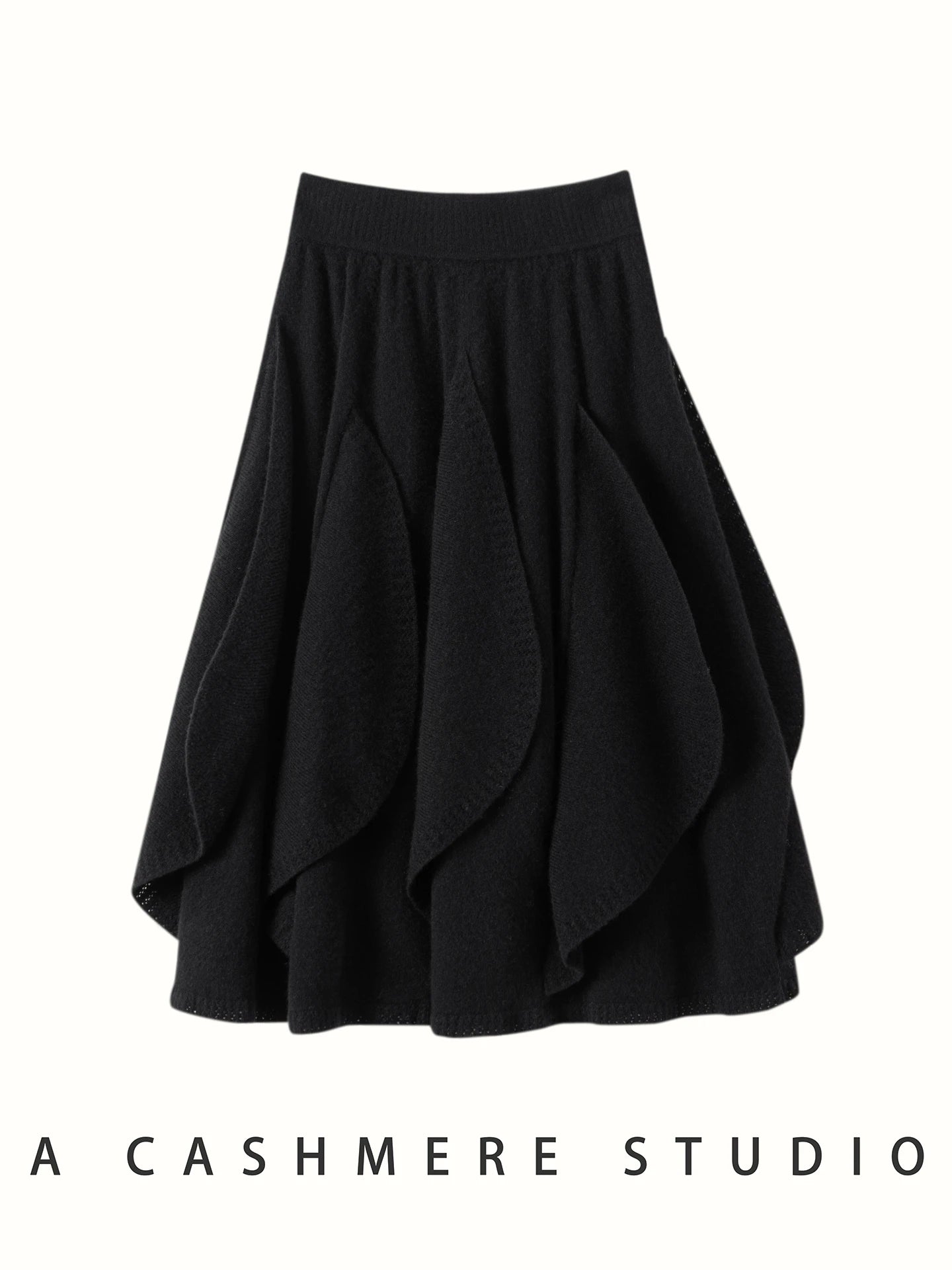 French 100% Pure Cashmere Skirt Ruffle Irregular A-line Soild Midi Sirt Autumn Winter Women Elegant Pleated  Knit Dress Fashion
