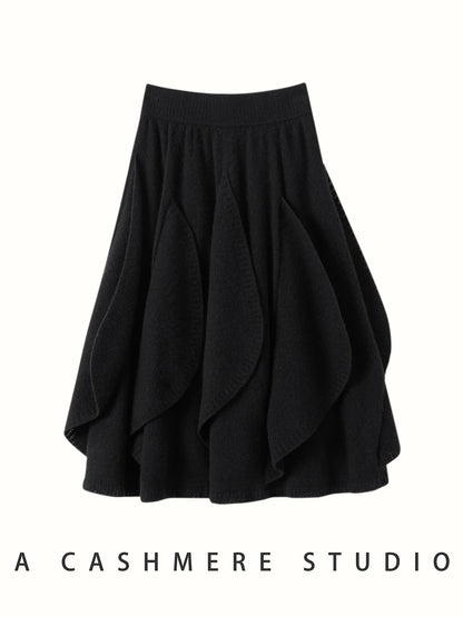 French 100% Pure Cashmere Skirt Ruffle Irregular A-line Soild Midi Sirt Autumn Winter Women Elegant Pleated  Knit Dress Fashion