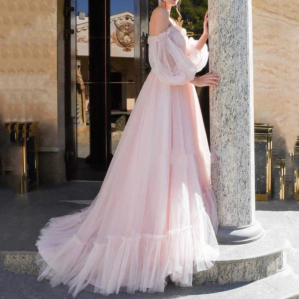 Sexy Deep V-neck Tulle Maternity Dresses Lace Hollow Horn Long-sleeved Feather Trailing Dress Photo Photography Props Vestidos
