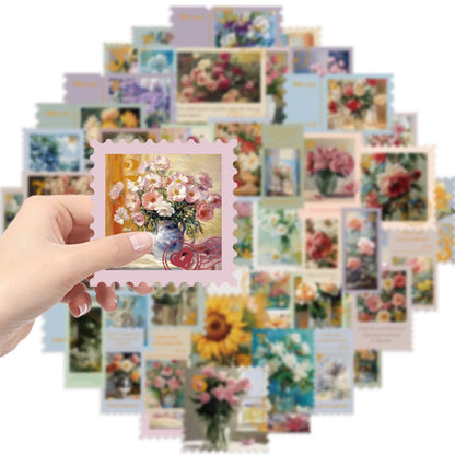 50Pcs Retro Flower Stamps Aesthetic Stickers Graffiti Decals for Scrapbooking Notebook Travel Luggage Bike Phone Sticker﻿