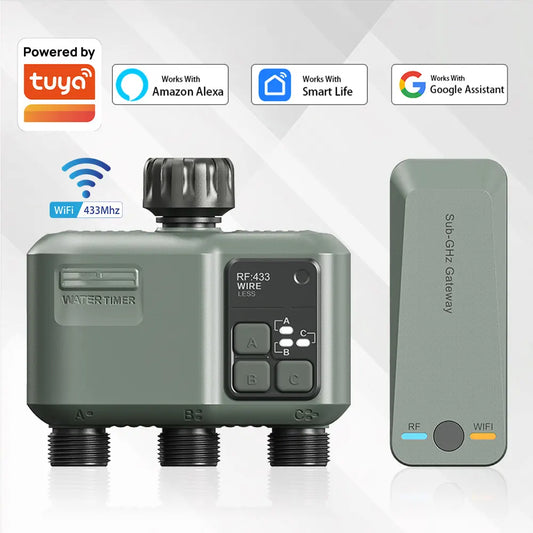 3 Zone Water Timer with, Tuya Wifi+RF433, Featuring IPX5 Waterproof, Rain Delay, Intelligent Irrigation, Suitable for the Garden