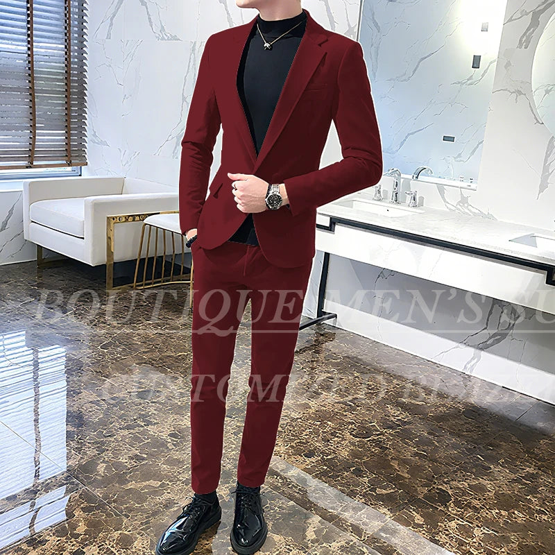 Mens Suits Wine Red Black Green Suits For Man Groom Wedding Velvet Tuxedo Velour Blazer Jackets Pants 2 Piece Costume Homme New