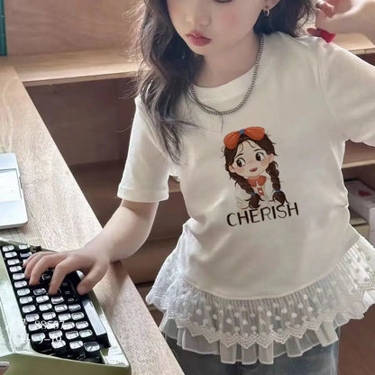 Childrens clothing baby girls summer casual lace t-shirt 2025 short sleeved Lace splicing new white tops 3-12 kids clothes