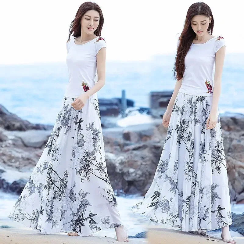 PTKPCC New Chiffon Floral Maxi Summer Skirt Women Long High Waist Holiday Dance Skirt Elegant Beach Boho Hot Sale  Skirts