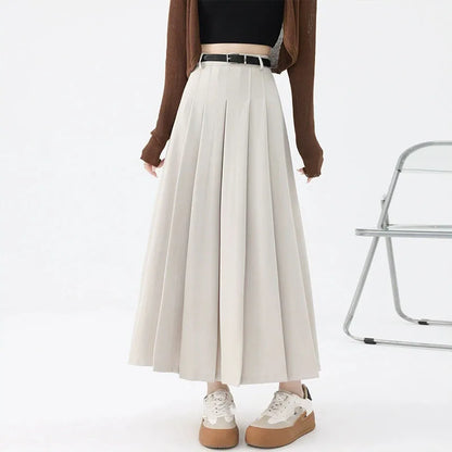 2026 New Women's Pleated Maxi Skirts Autumn High Waisted Zipper Jk Long Skirt Woman Elegant Loose Design Big Swing A-Line Skirts