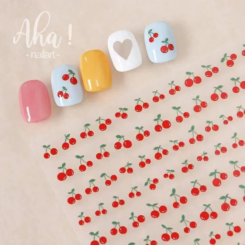 1sheet 3D Sweet Cherry Fruit Nail Art Stickers Summer Peach/Lemon/Star/Moon Nail Decals 8*10cm Adhesive Red Cherry Nail Decor %$