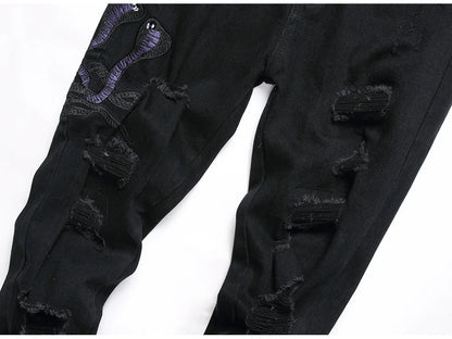 Men Snake Embroidery Jeans Streetwear Black Stretch Denim Pants Holes Ripped Distressed Slim Straight Trousers
