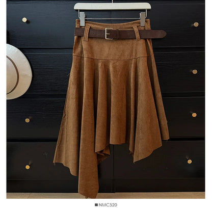 French Fashion Y2K Vintage Harajuku Suede Skirts Women Slim Fit Irregular High Waist A-Line Skirts Casual Elegant Pleated Skirts