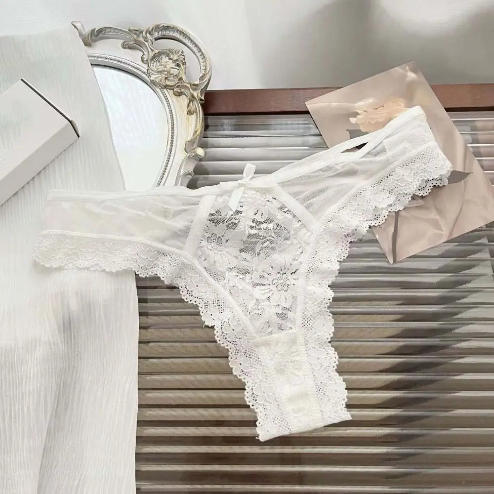 Breathable Patchwork Mesh Floral Bowknot Panties Ruffle Thong Lace Flower Transparent Briefs Low Waist Hollow Out Lady