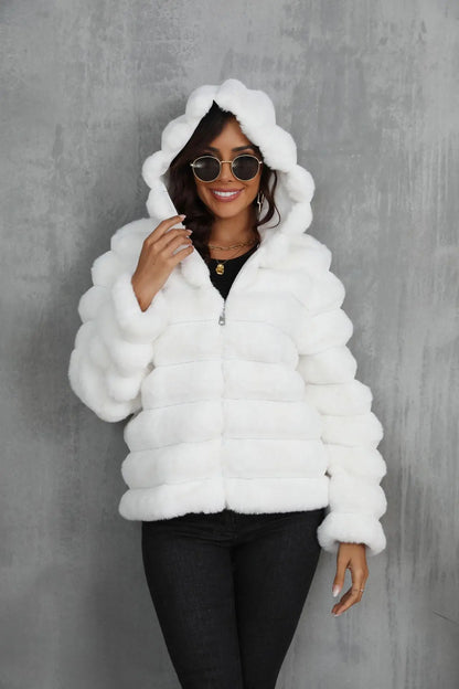 2026 Faux Fur Women Coats Hooded Full Sleeve Short Coat Zipper Thick Warm Solid Temperament Elegant Splice Autumn Winter