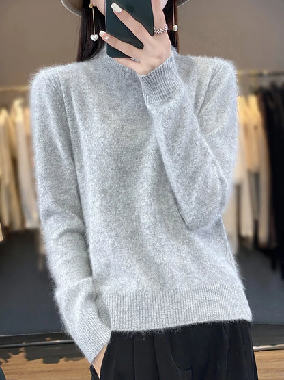 100% Mink Cashmere Sweater Women's Half High Collar Pullover Long Sleeve Cashmere Knitwear Fashion Autumn Winter Female Clothing
