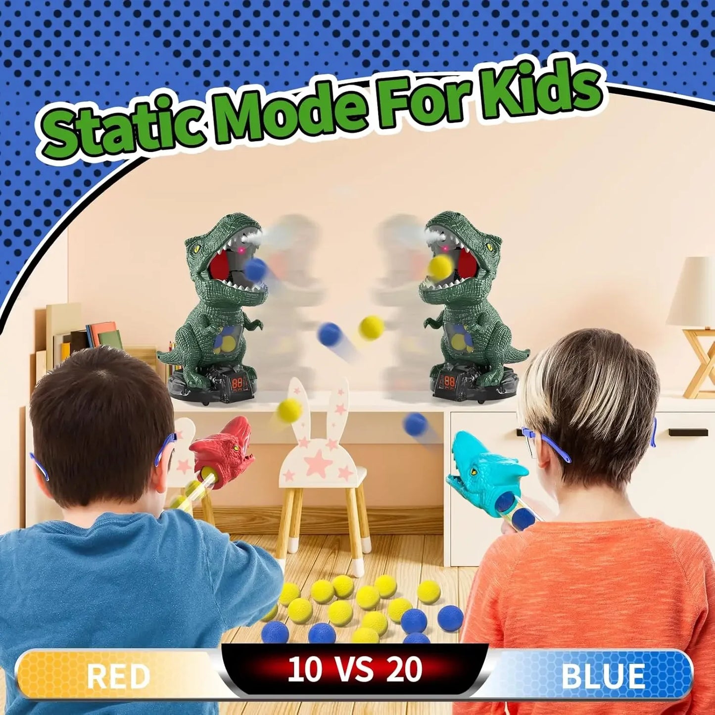 Kids Dinosaur Shooting Toy Gun 360 Degree Omni Rotatable Mist Spray Design Air Popper Soft EVA Ball Blaster Educational Parent-Child Battle Play Toy for Home Backyard Party