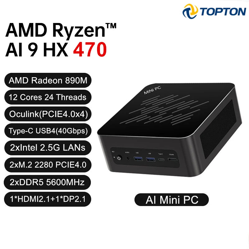 Topton Gaming AI Mini PC OCulink AMD Ryzen AI 9 HX 470 370 365 USB4 2x2.5G LAN 2xNVMe Windows 11 Metal Mini Computer OpenClaw