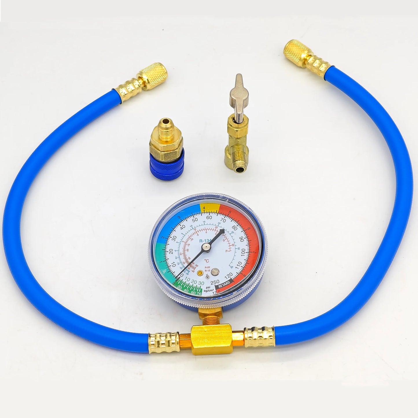 R134A Recharge Hose with Gauge, AC Can Tap Freon Charging Kit, 90° Low Side Quick Coupler for R134A R12 R22 A/C Refrigerant