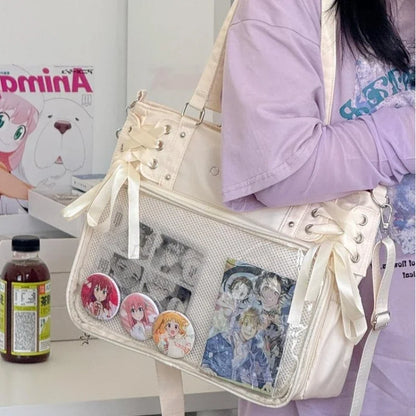 College Style Crossbody Bag with Ribbon Large Capacity for Class Book Carrying Mailman Bag Girls Bow JK Shoulder Ita Bag Handbag